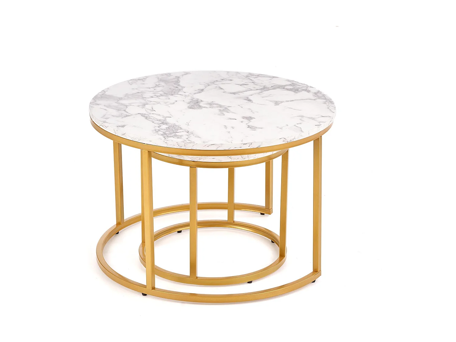 Tables gigognes rondes avec plateau style marbre et structure en métal doré Troie