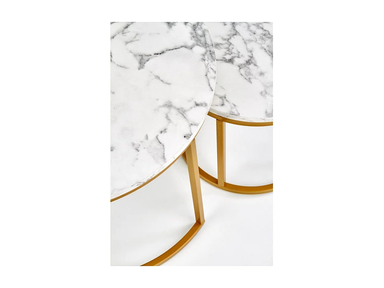 Tables gigognes rondes avec plateau style marbre et structure en métal doré Troie