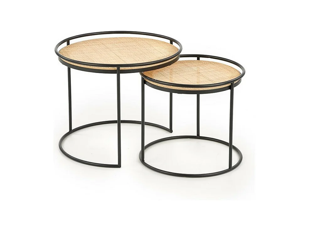 Ensemble de deux tables gigognes rondes en rotin et acier noir Swing
