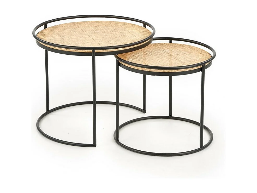 Ensemble de deux tables gigognes rondes en rotin et acier noir Swing
