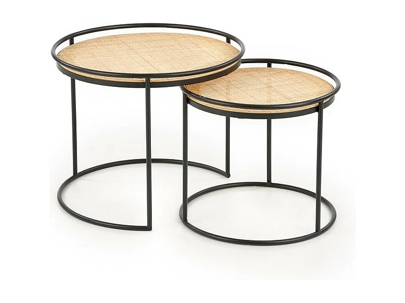 Ensemble de deux tables gigognes rondes en rotin et acier noir Swing