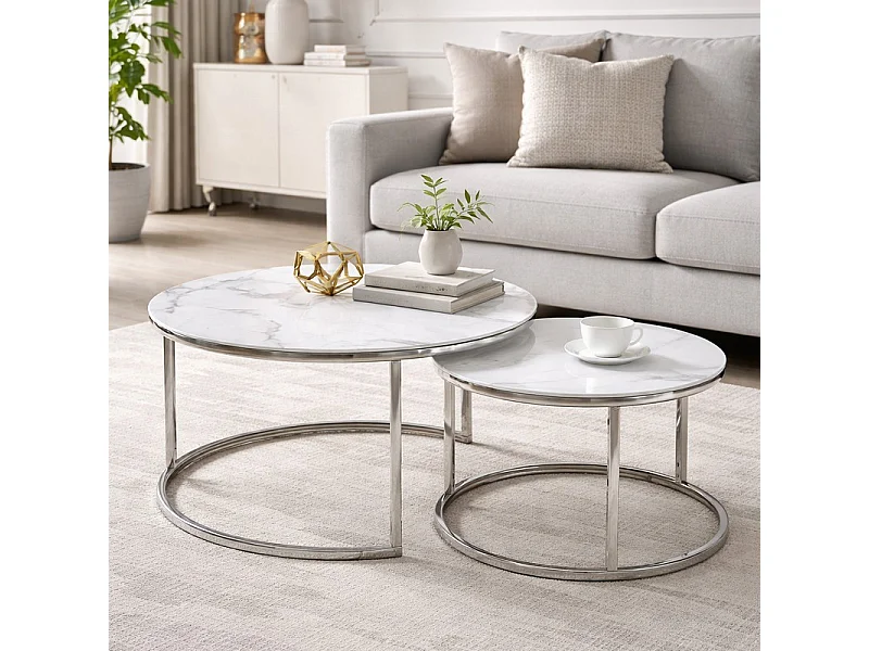 Table gigogne ronde métal chromé et marbre blanc (x2) Onda