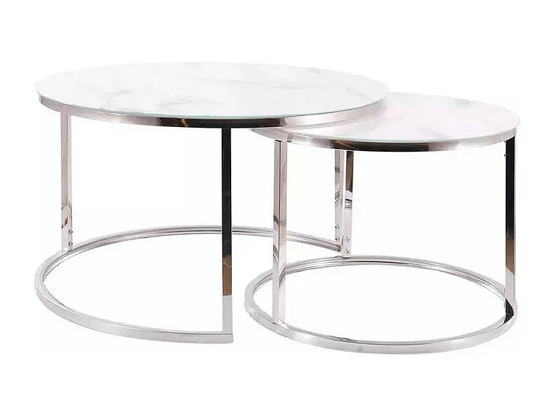 Table gigogne ronde métal chromé et marbre blanc (x2) Onda