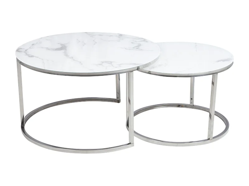 Table gigogne ronde métal chromé et marbre blanc (x2) Onda