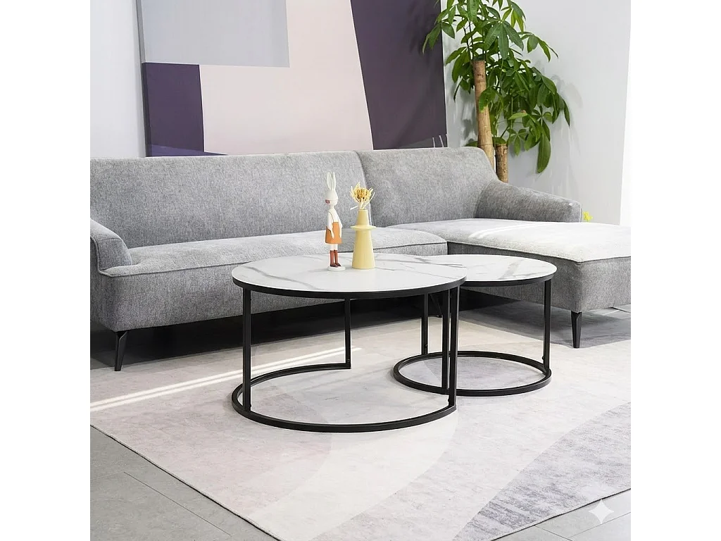 Table gigogne ronde métal noir et marbre blanc (x2) Onda