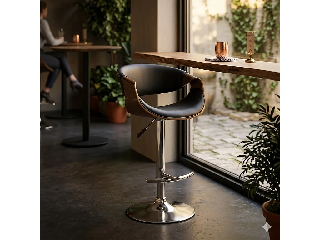 Sgabello da bar MIMAS in noce ed ecopelle nera, regolabile in altezza