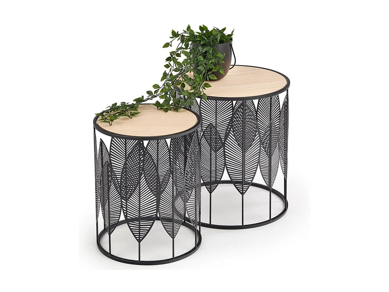 Set di due tavolini con piano rotondo e struttura in acciaio nero Plume