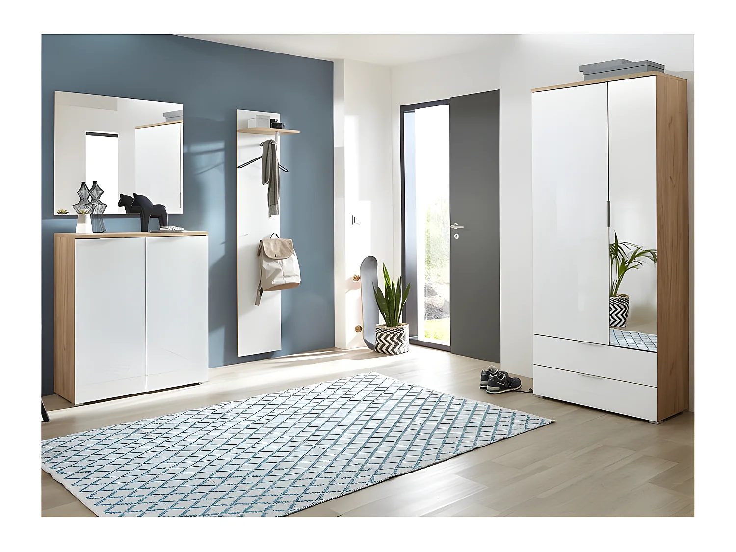 Armadio da ingresso scandinavo con appendiabiti e specchio 196x84x40cm Rosvik