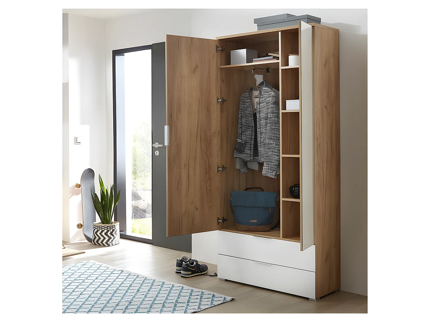 Armadio da ingresso scandinavo con appendiabiti e specchio 196x84x40cm Rosvik