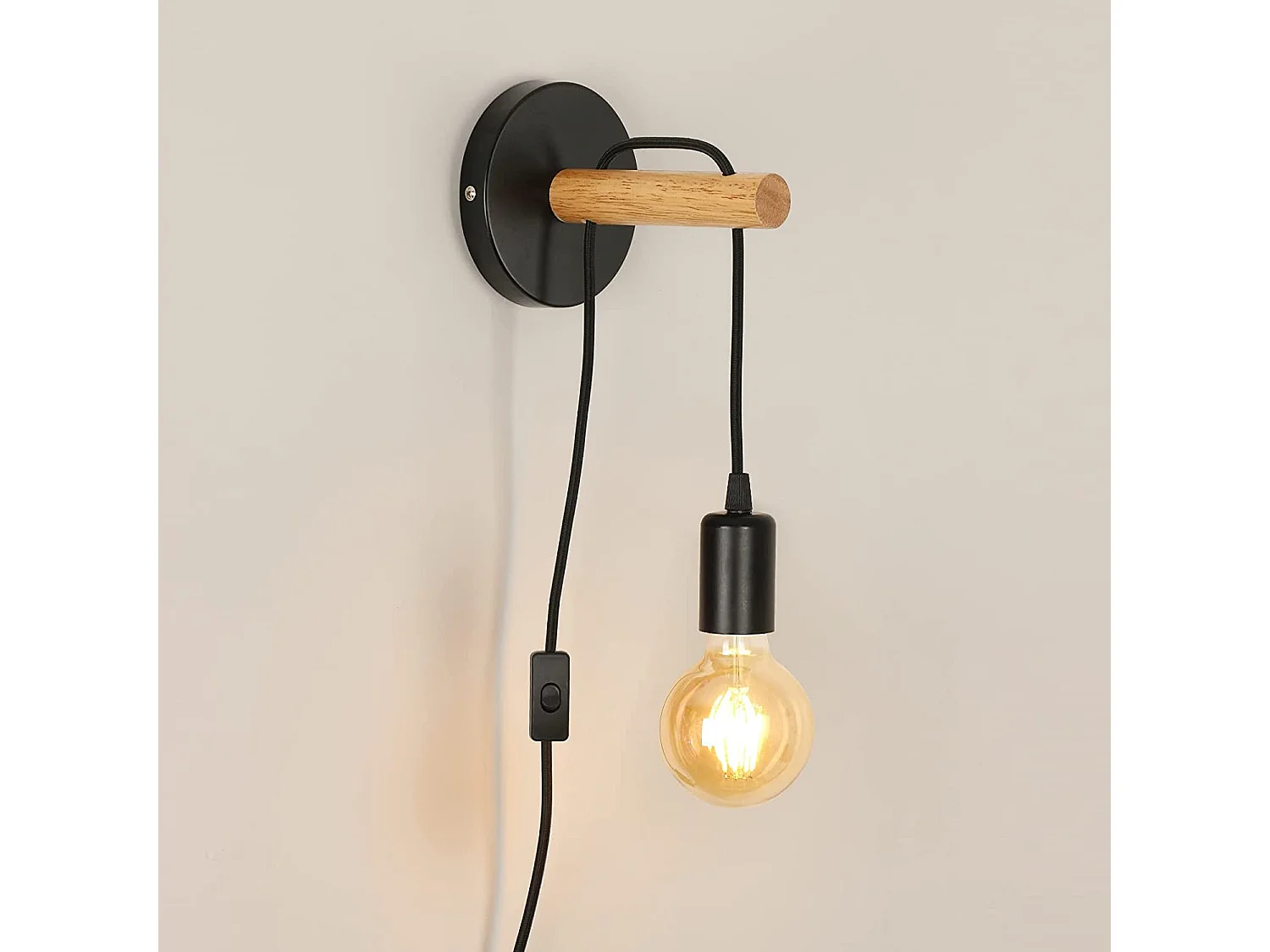 Applique murale industrielle, diamètre 14.5cm, noir, en bois métal, sans ampoule E27