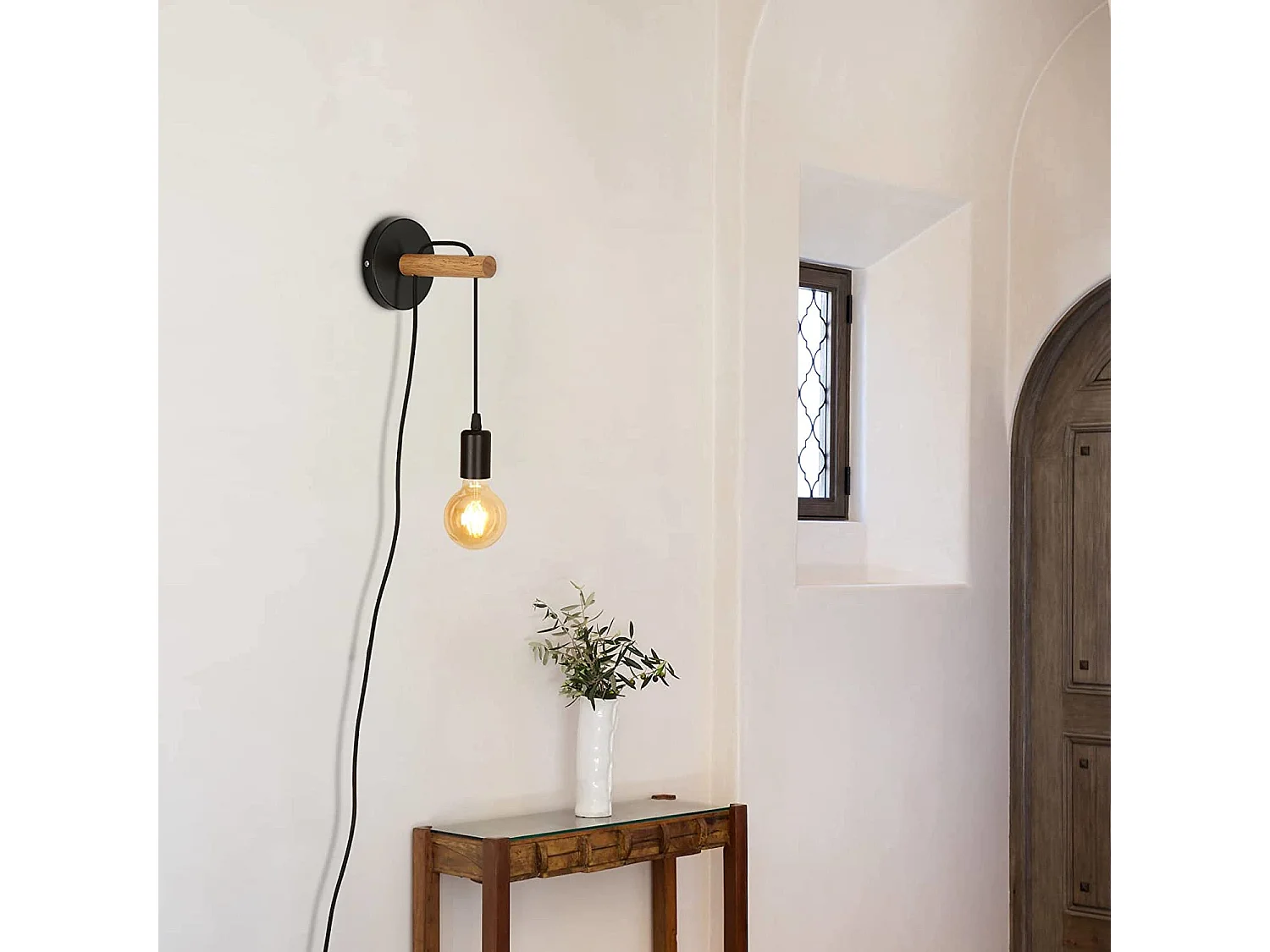 Applique murale industrielle, diamètre 14.5cm, noir, en bois métal, sans ampoule E27