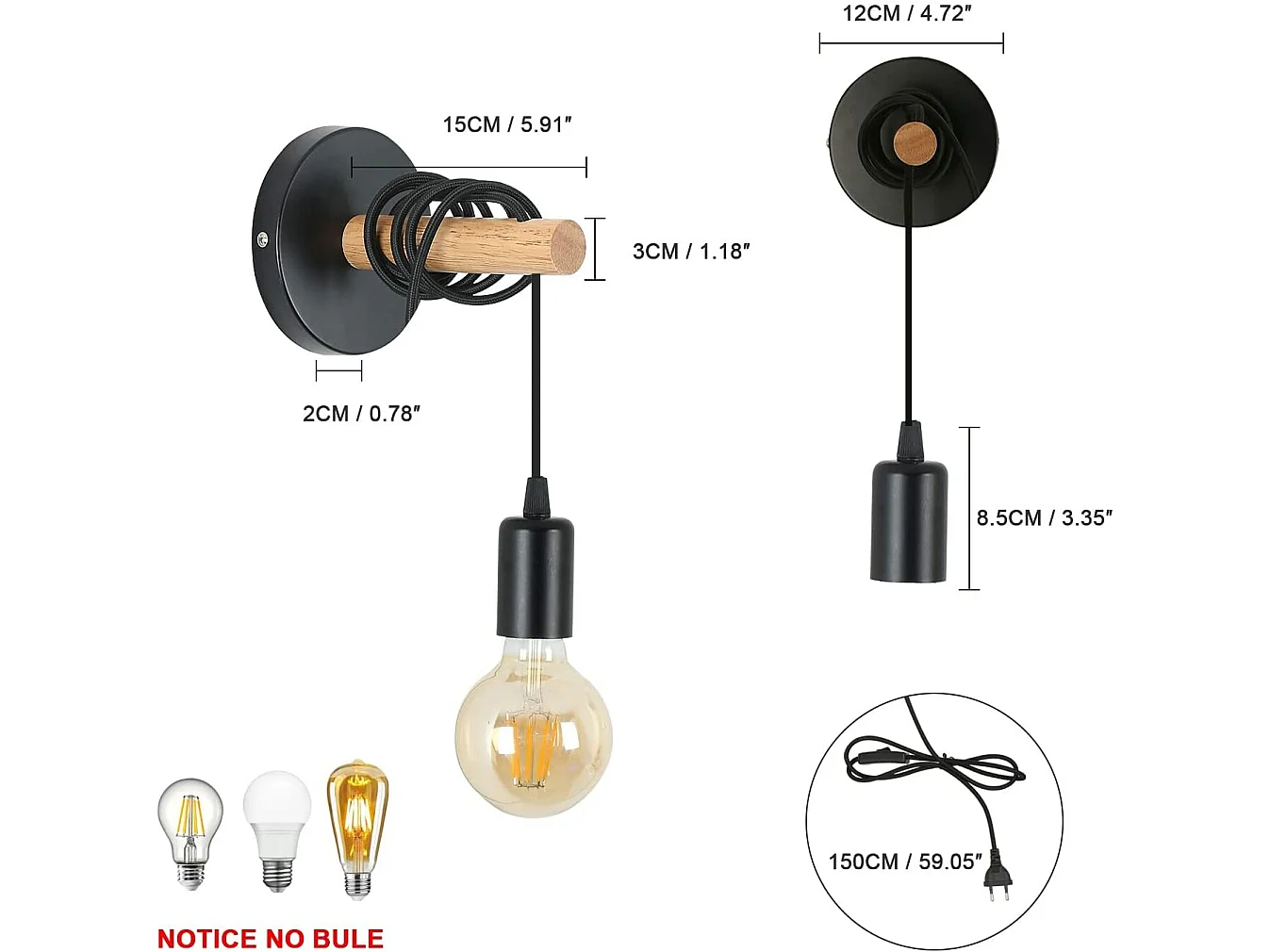 Applique murale industrielle, diamètre 14.5cm, noir, en bois métal, sans ampoule E27