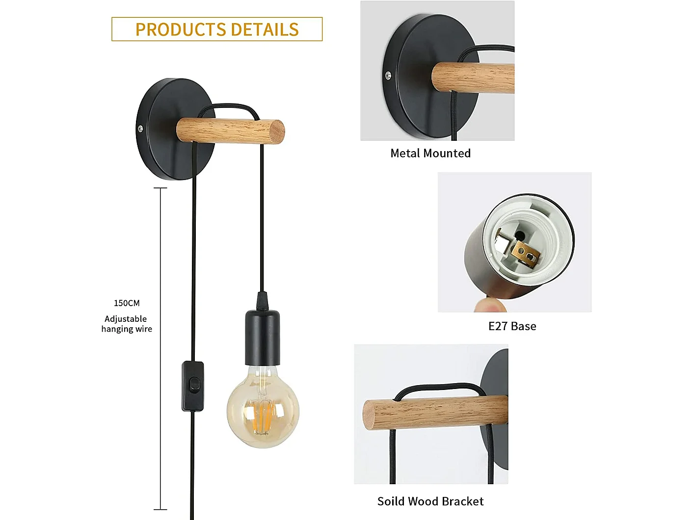 Applique murale industrielle, diamètre 14.5cm, noir, en bois métal, sans ampoule E27