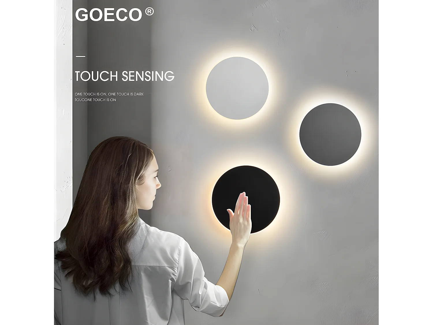 Applique murale LED rond, 20*20*4cm, blanc, interrupteur tactile, en métal