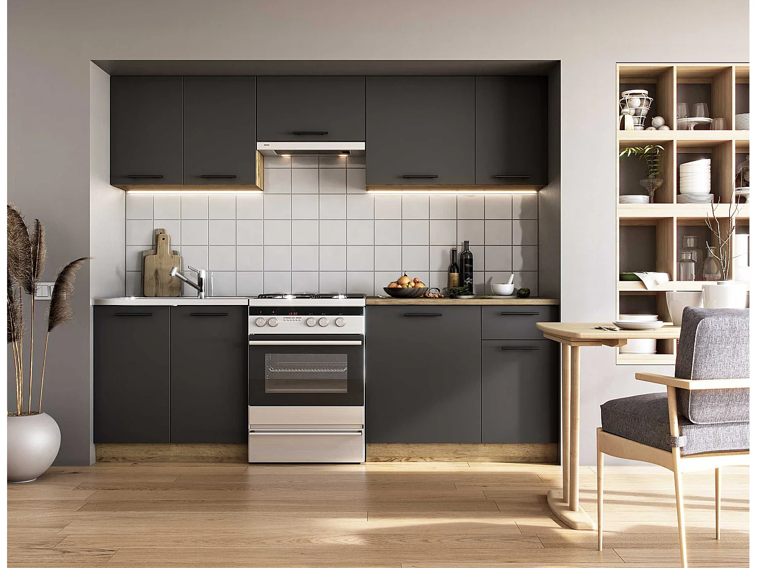 Cuisine grise 240cm avec plan de travail style chêne RUSTICA