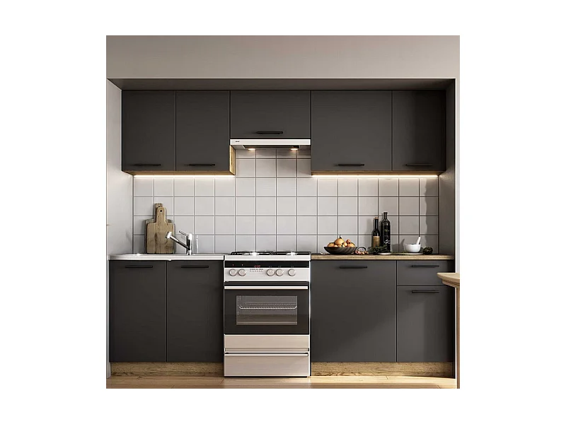 Cuisine grise 240cm avec plan de travail style chêne RUSTICA