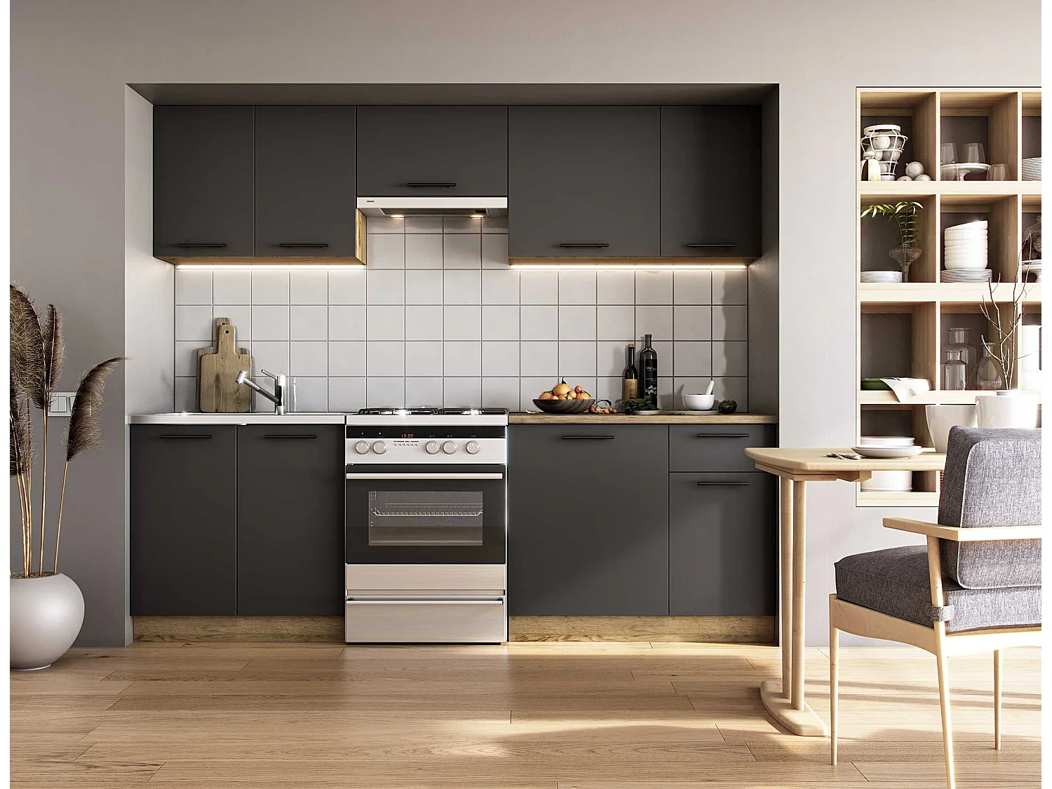 Cuisine grise 240cm avec plan de travail style chêne RUSTICA