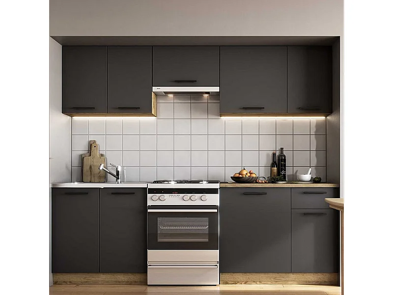 Cocina gris de 240cm con encimera estilo roble RUSTICA