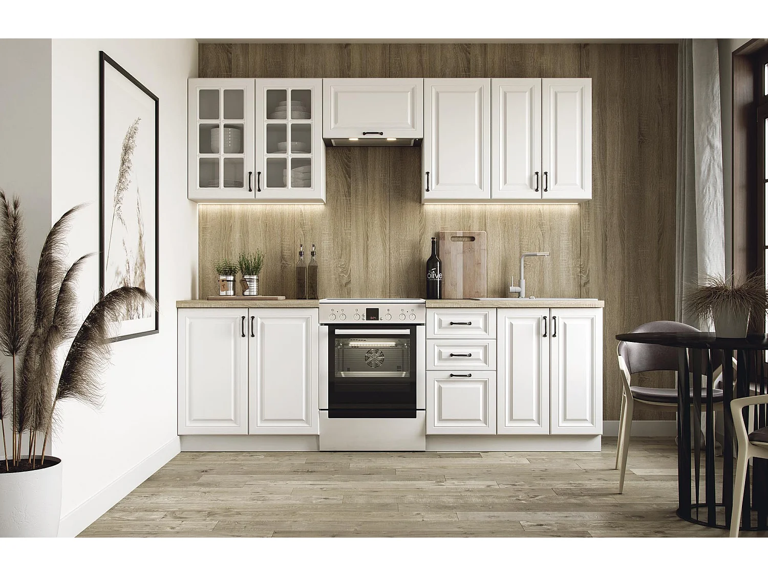 Cuisine blanc mat avec plan de travail aspect chêne sonoma CORVUS