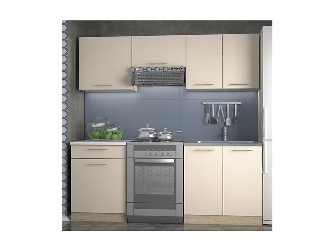 Cocina de diseño de color vainilla con encimera TOOL de aspecto roble