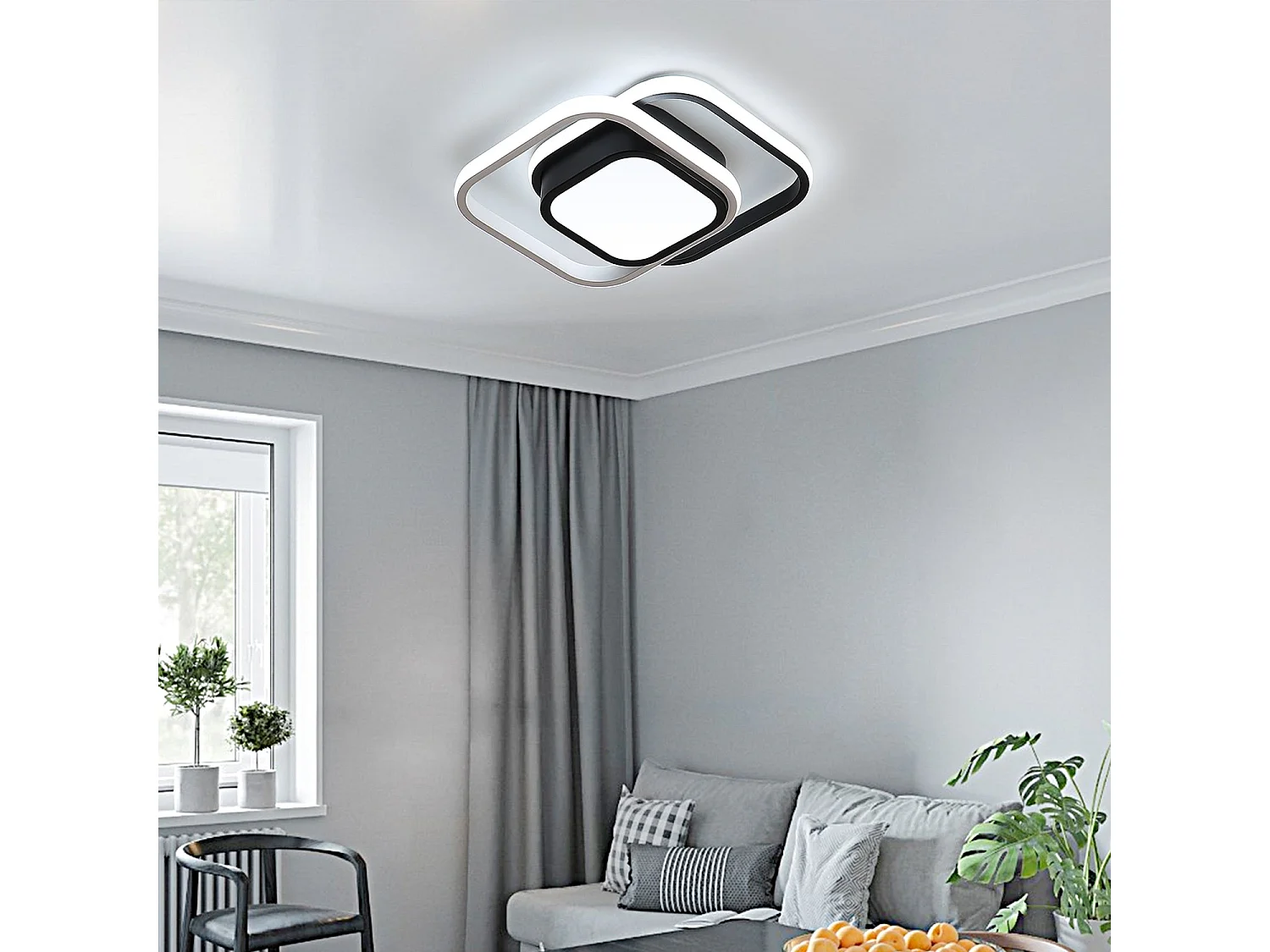 Luz de techo LED cuadrado moderno, negro blanco, 33*24*6cm, 32w, en metal, luz blanca fría