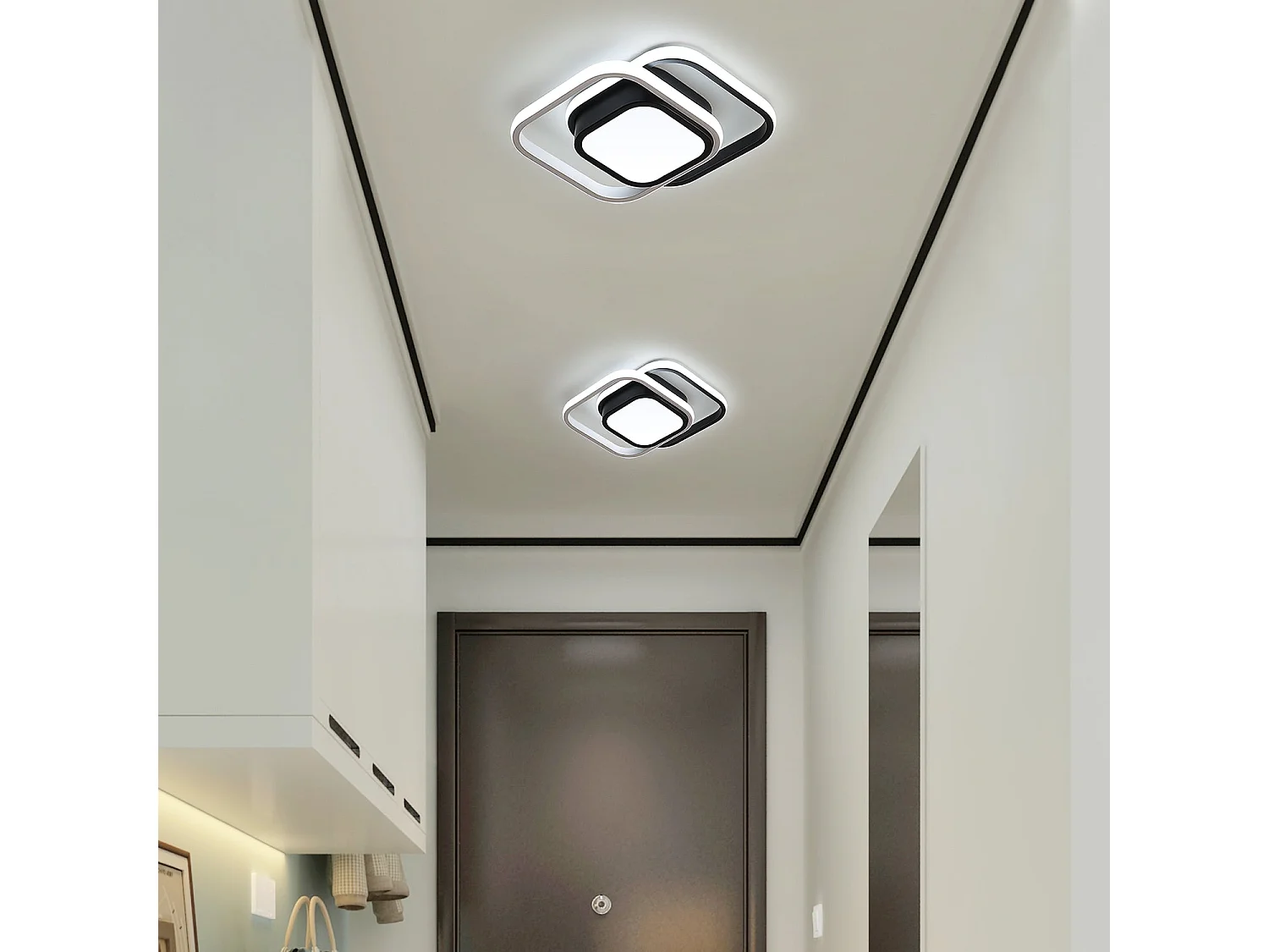 Luz de techo LED cuadrado moderno, negro blanco, 33*24*6cm, 32w, en metal, luz blanca fría