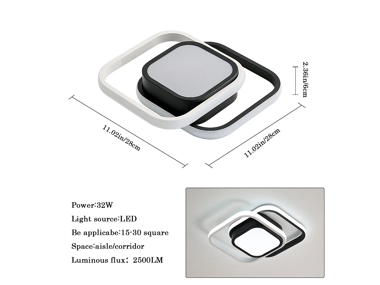 Luz de techo LED cuadrado moderno, negro blanco, 33*24*6cm, 32w, en metal, luz blanca fría