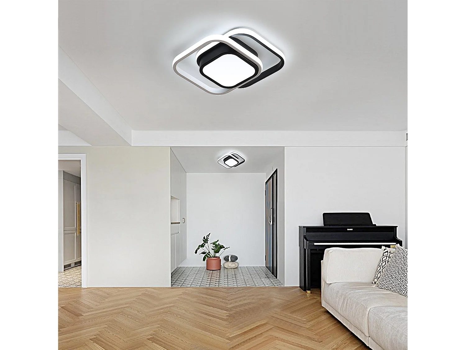 Luz de techo LED cuadrado moderno, negro blanco, 33*24*6cm, 32w, en metal, luz blanca fría