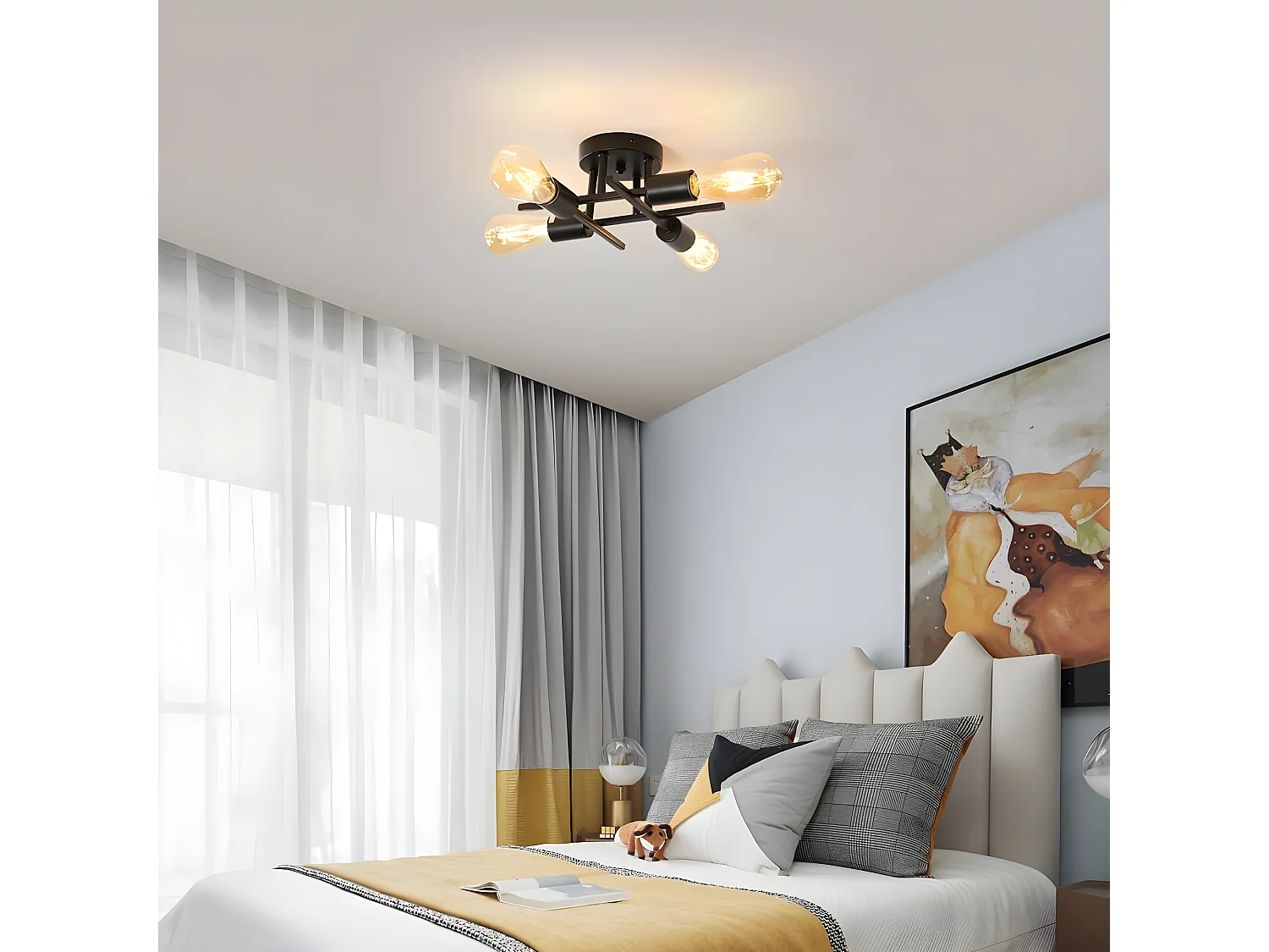 Plafonnier Vintage 4 lumières, noir, 28*28*14cm, E27 Base, sans ampoules, pour salon