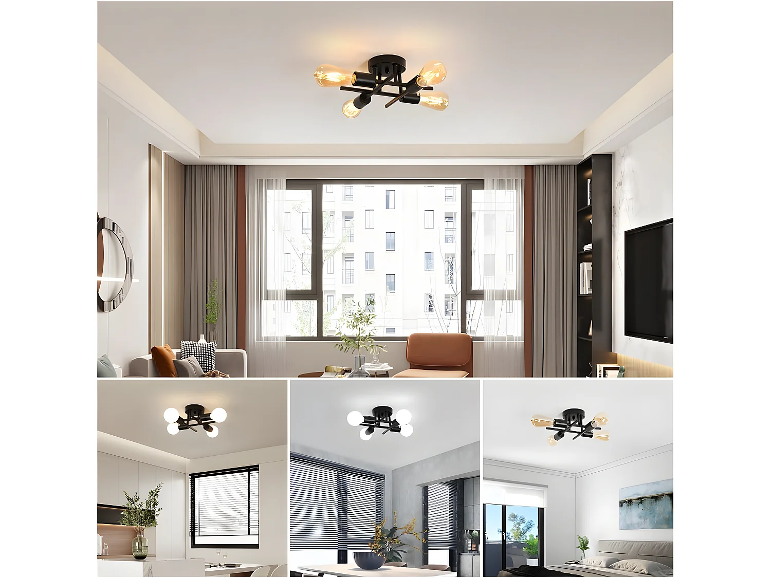 Plafonnier Vintage 4 lumières, noir, 28*28*14cm, E27 Base, sans ampoules, pour salon