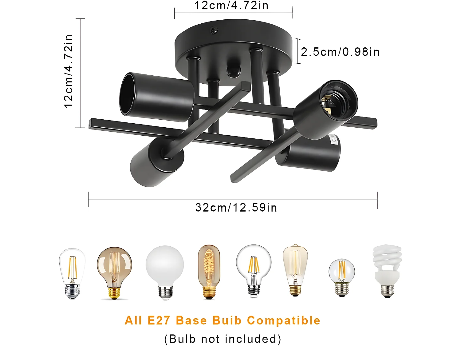 Plafonnier Vintage 4 lumières, noir, 28*28*14cm, E27 Base, sans ampoules, pour salon
