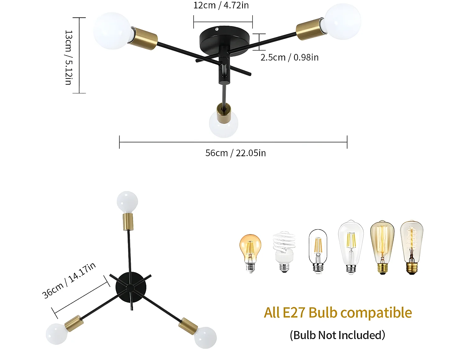 Plafonnier industriel vintage sputnik, 36*36*13cm, 180°-360° réglable, E27 sans ampoule