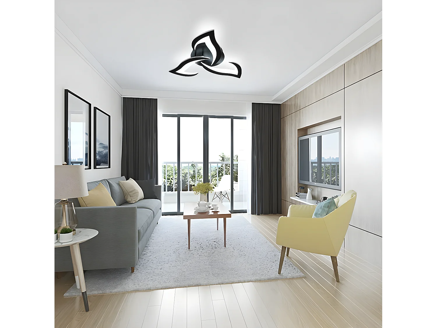 Plafonnier led moderne à 3 têtes, 58*58*8cm, noir, 36w 3060lm, en acrylique