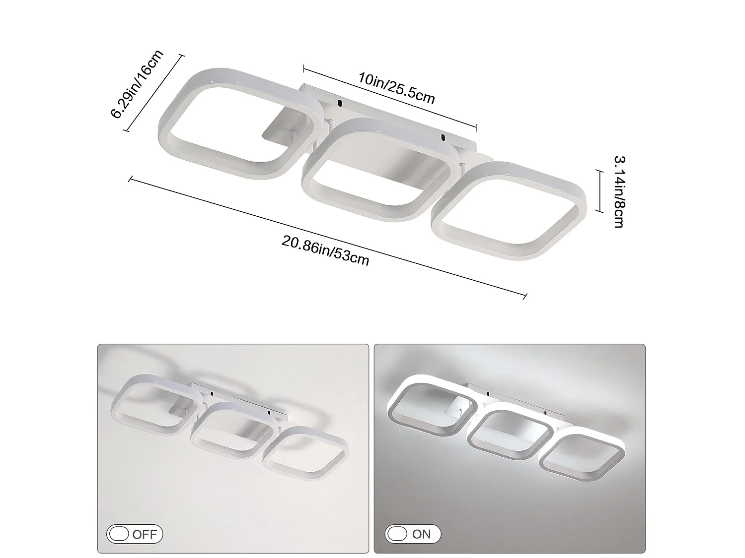 Moderne quadratische LED-Deckenleuchte, 30 W, 53 x 17 x 8 cm, weißes Acryl, Metall, weißes Licht