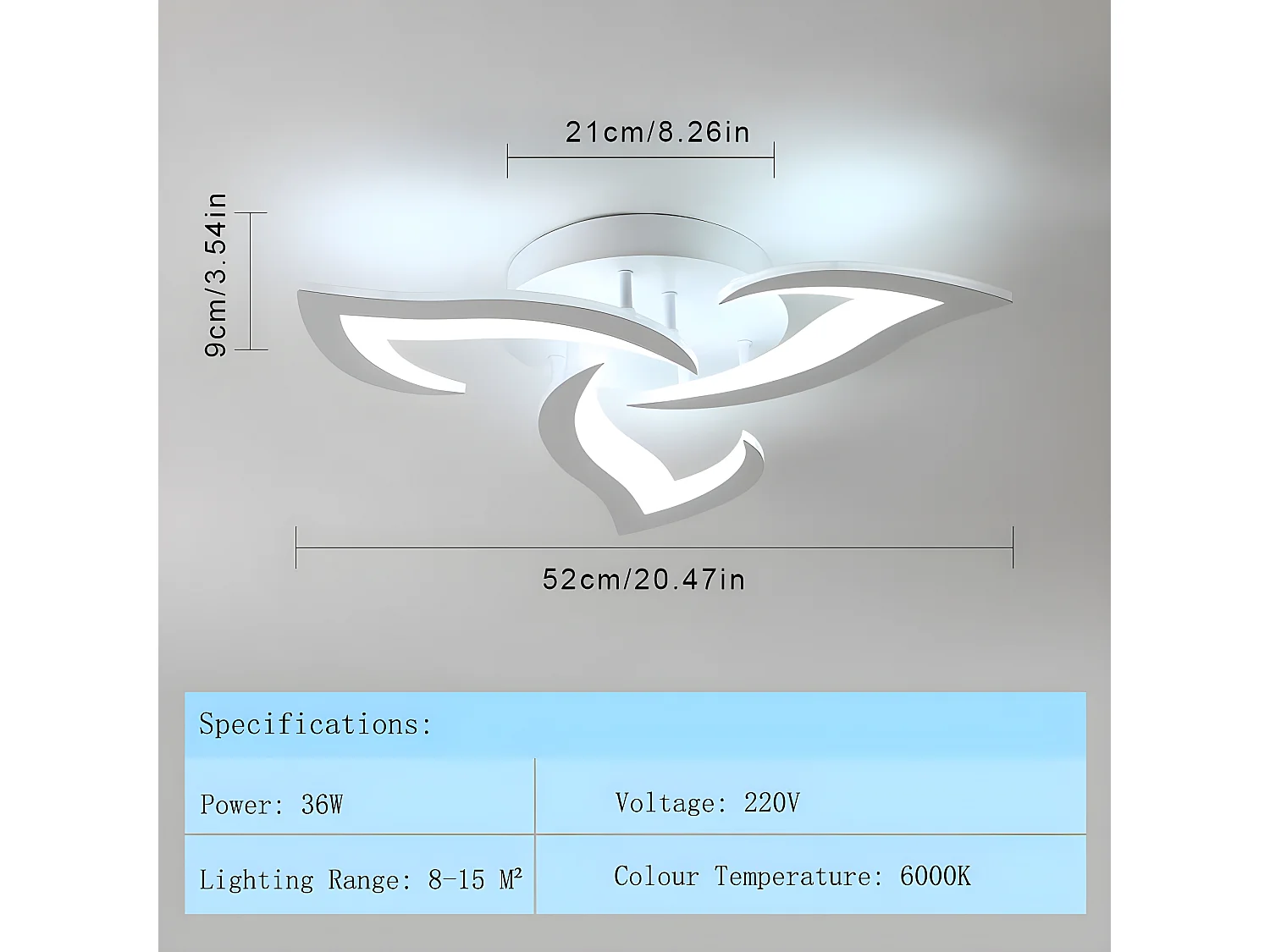Plafonnier led moderne 3 têtes, 36w 3060lm, 50*50*9.5cm, blanc, acrylique
