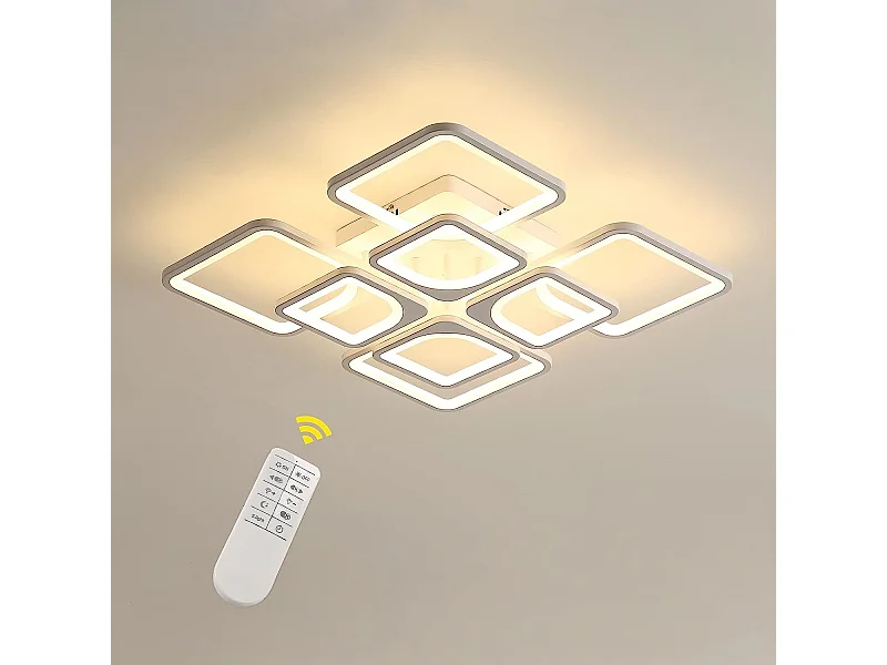 Plafonnier LED Dimmable Carré à 8 Têtes avec Télécommande, blanc, 60*60*13cm, 80W