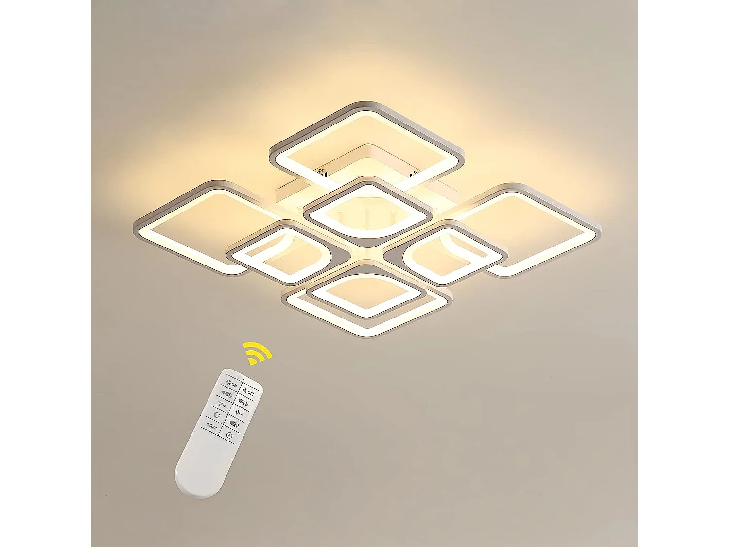 Plafonnier LED Dimmable Carré à 8 Têtes avec Télécommande, blanc, 60*60*13cm, 80W