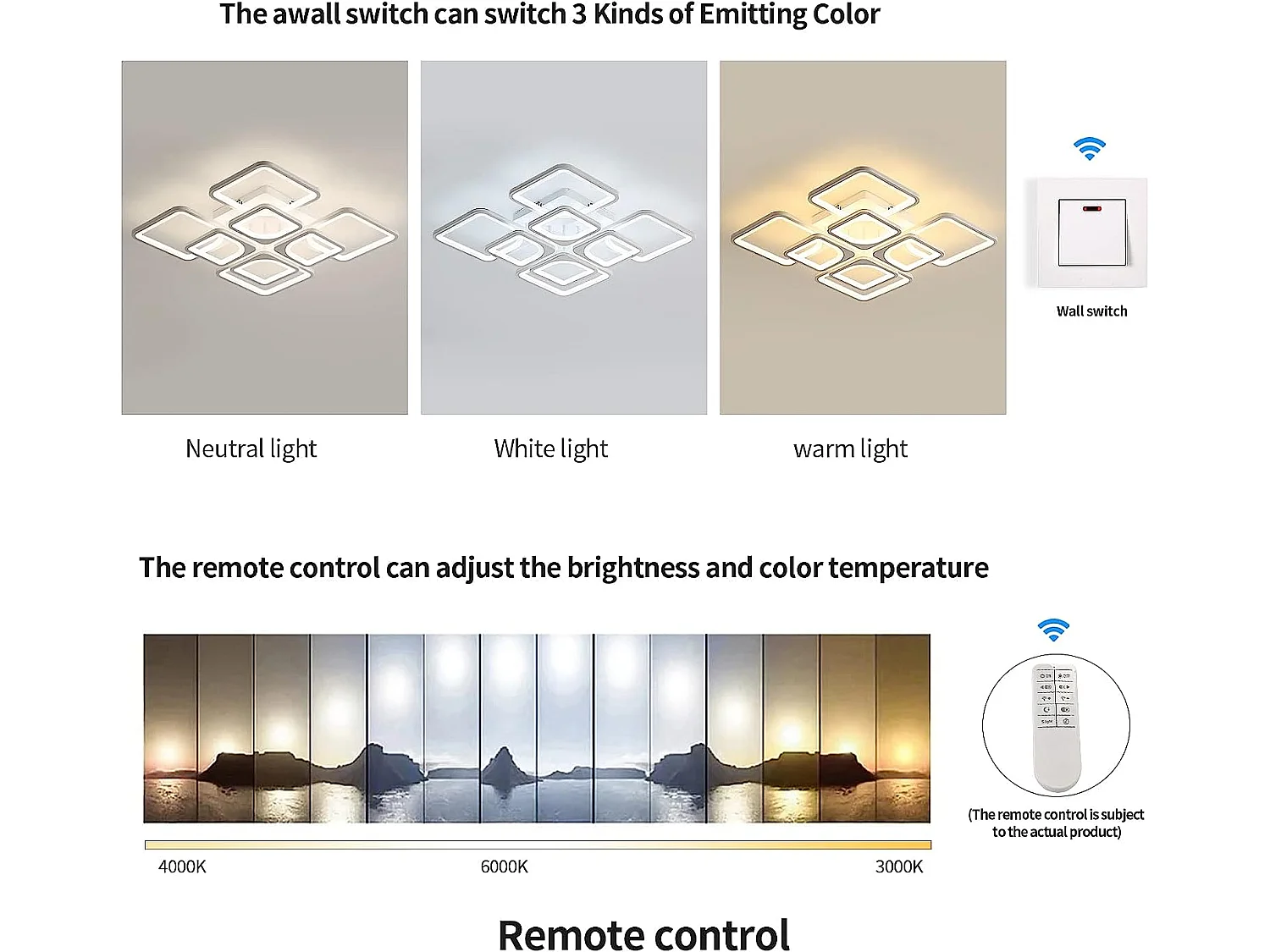 Plafonnier LED Dimmable Carré à 8 Têtes avec Télécommande, blanc, 60*60*13cm, 80W