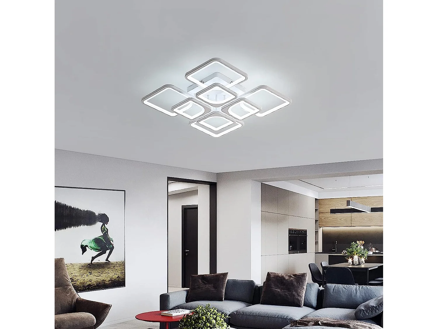 Plafonnier LED Dimmable Carré à 8 Têtes avec Télécommande, blanc, 60*60*13cm, 80W