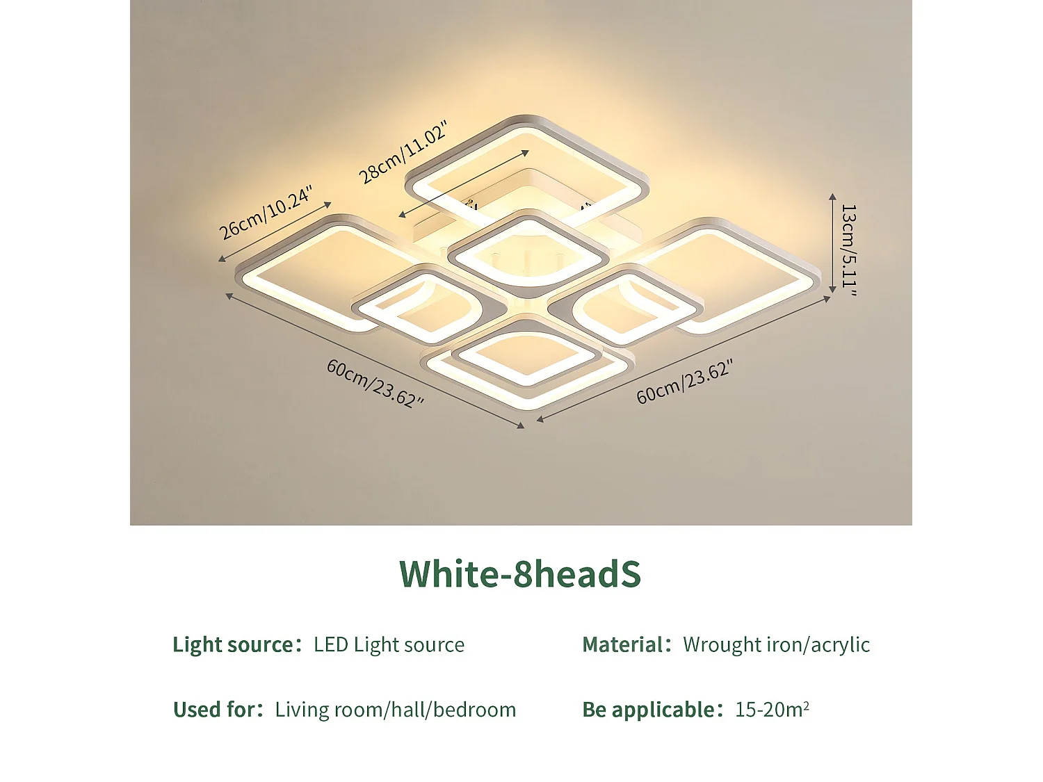 Plafonnier LED Dimmable Carré à 8 Têtes avec Télécommande, blanc, 60*60*13cm, 80W