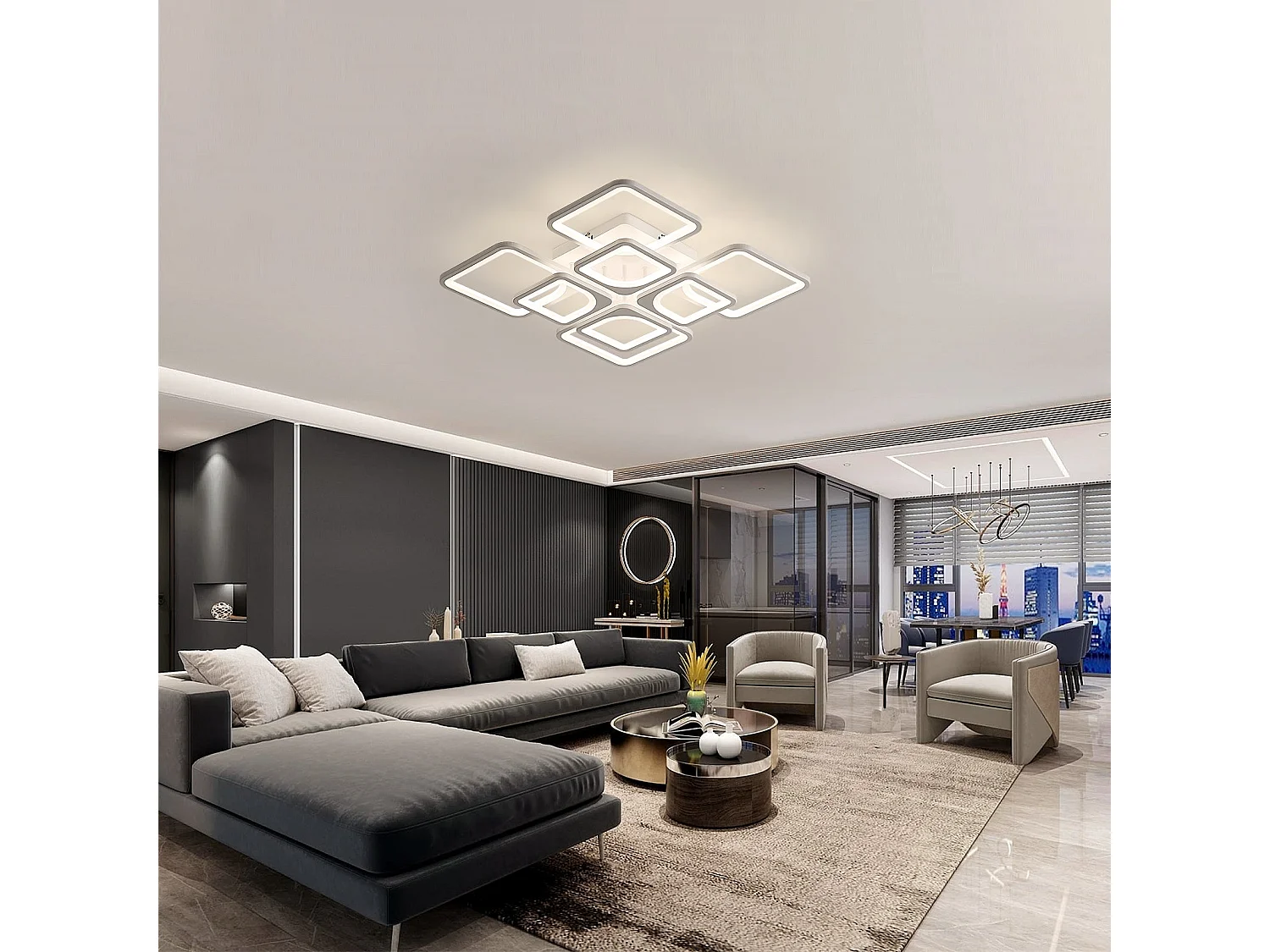 Plafonnier LED Dimmable Carré à 8 Têtes avec Télécommande, blanc, 60*60*13cm, 80W