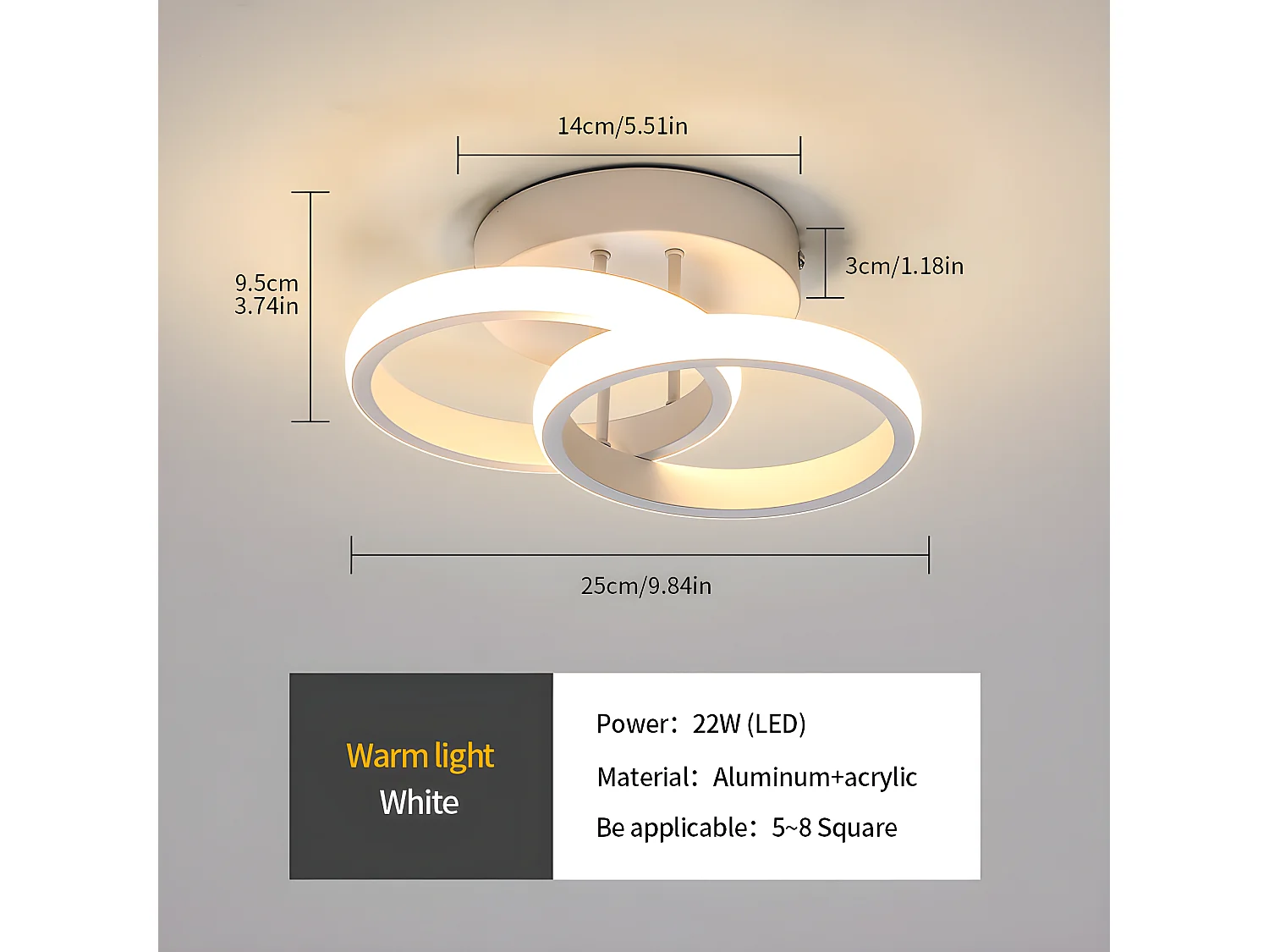 Plafonnier LED rond, 25*17*9cm, Blanc Chaud 3000K, 22W, en métal