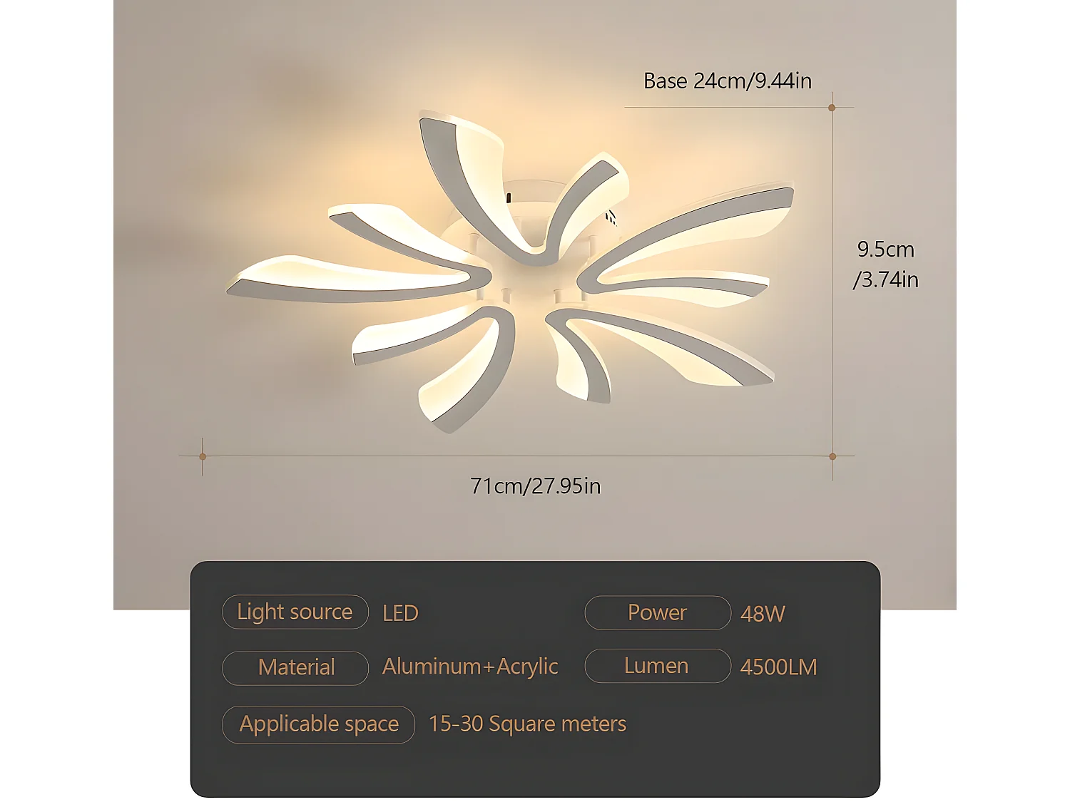 Plafonnier led dimmable, 72*72*10cm, blanc, avec télécommande, 48w 4500lm, en métal