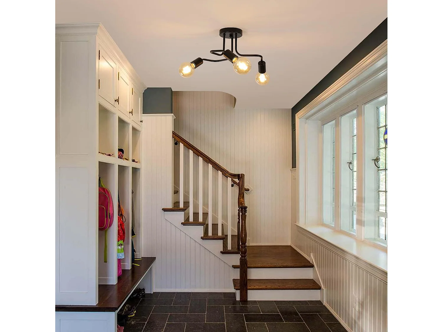 Plafonnier industriel e27 base, 42*42*21cm, noir, 3 lumières, sans ampoules, en fer