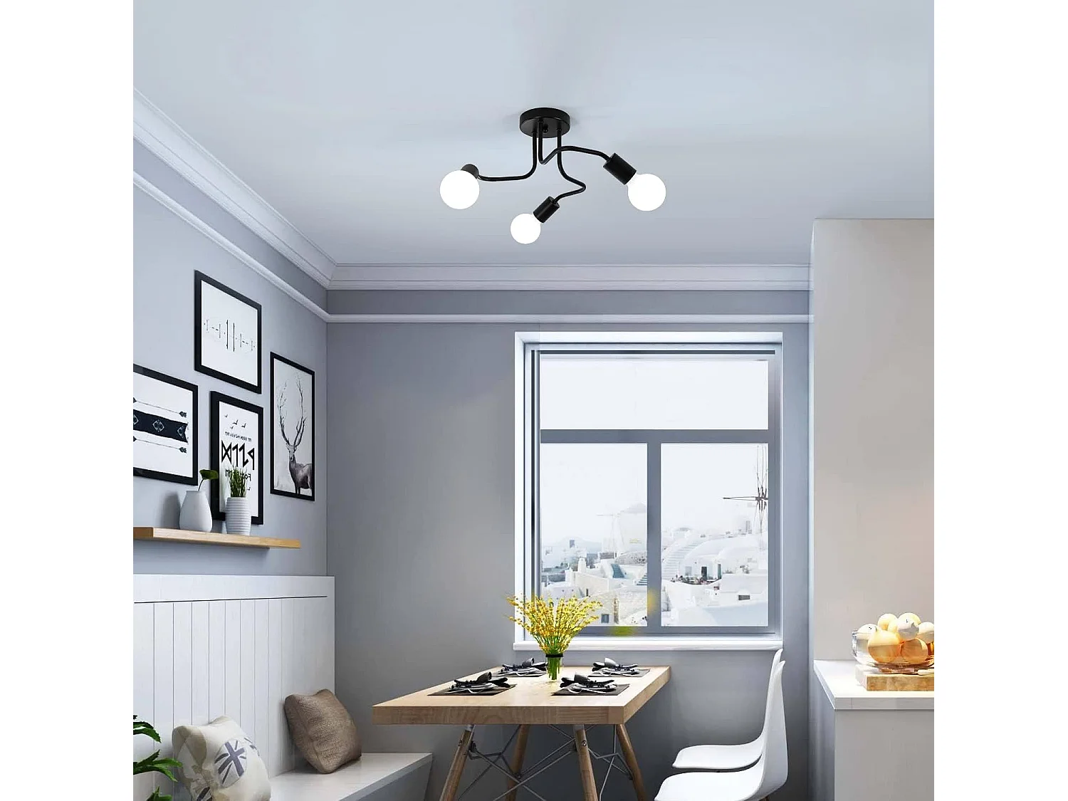 Plafonnier industriel e27 base, 42*42*21cm, noir, 3 lumières, sans ampoules, en fer