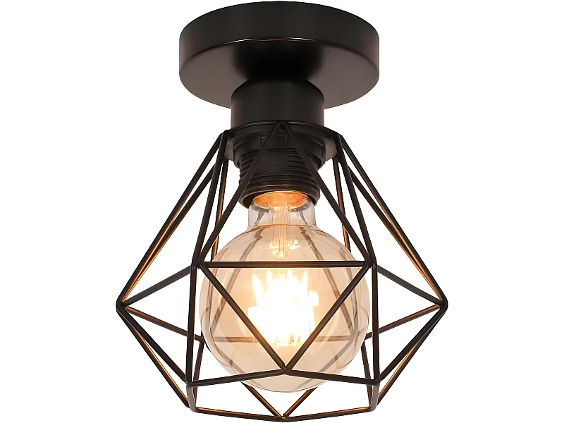 Plafonnier industriel vintage E27 en forme diamant, 16*18cm, noir, en métal, sans ampoule