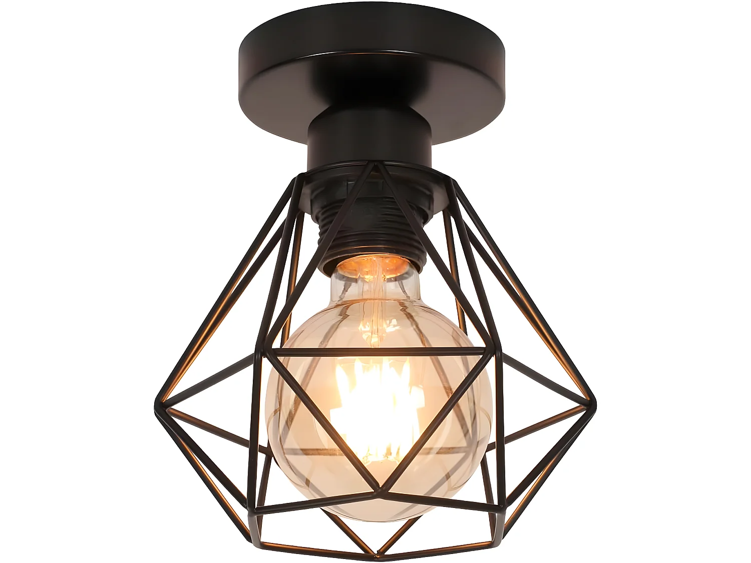 Plafonnier industriel vintage E27 en forme diamant, 16*18cm, noir, en métal, sans ampoule