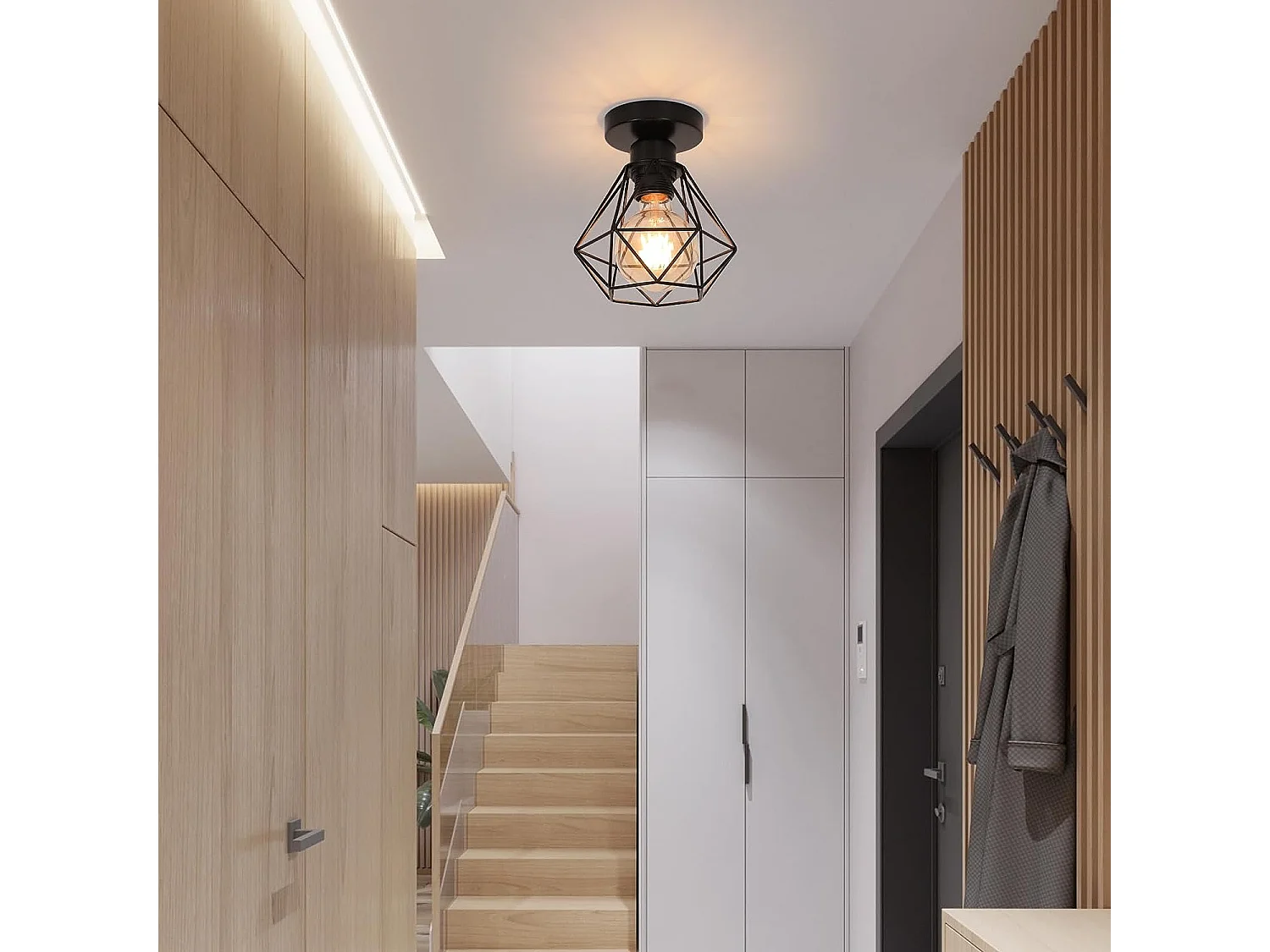 Plafonnier industriel vintage E27 en forme diamant, 16*18cm, noir, en métal, sans ampoule