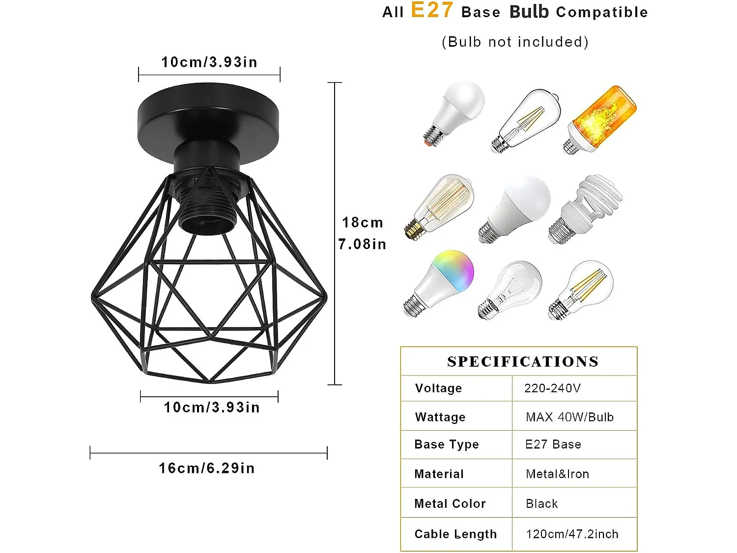 Plafonnier industriel vintage E27 en forme diamant, 16*18cm, noir, en métal, sans ampoule