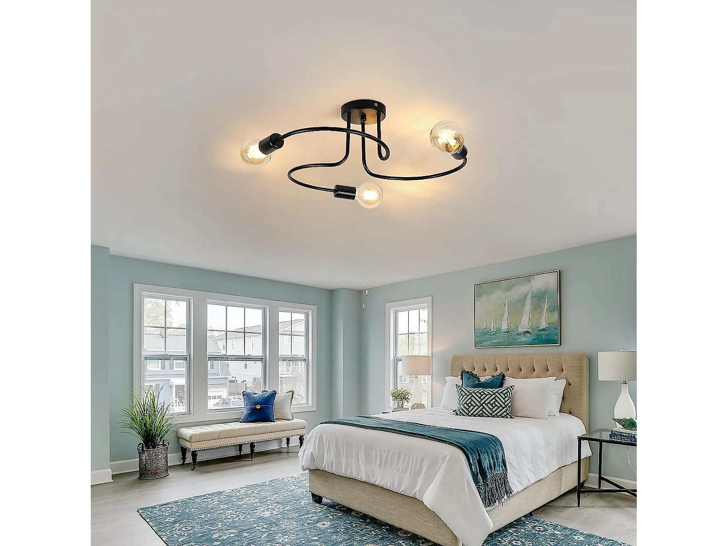 Plafonnier Vintage E27 Base 3 Lampe, 60*12cm, en fer, noir